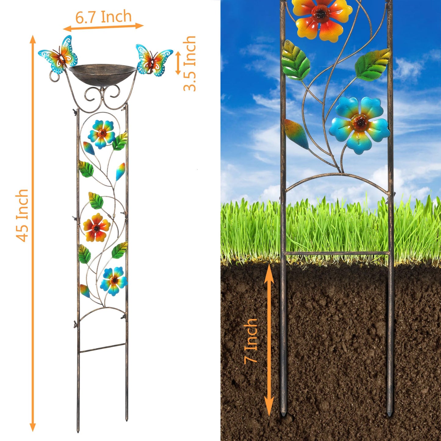 SUNNYPARK Bird Bath with Trellis Outdoor, Antique Garden Iron Plant Trellis with Decorative Floral-Butterflies Detachable Bird Bath Bowl Metal Potted Plants Support for Climbing Flowers