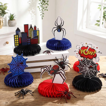 Pajean 12 Pcs Spider Honeycomb Centerpieces for Hero Birthday Party Decorations, 3D Heroic Comic Theme Table Toppers, Red Blue Spider Web Cityscape Paper Decor for Action Event Cake Table Supplies