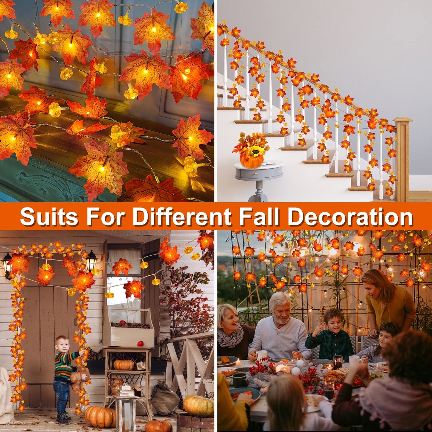 2 Pack & Timer - Fall Garland with Pumpkin Lights Fall Decorations for Home Total 60LED 20Ft Enlarged Maples Leaves Fall Lights Battery Operated Halloween Thanksgiving Christmas Decor Wedding Party