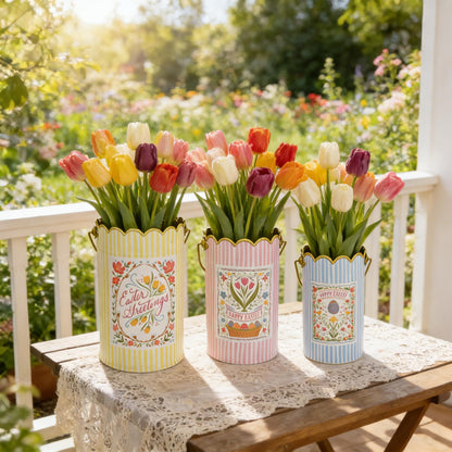 Zorvynelle Set of 3 Metal Bucket with Handle Decorative Floral Basket Bucket Cute Striped Design Flower Planter for Easter, Gift Baskets, Garden & Home Decor