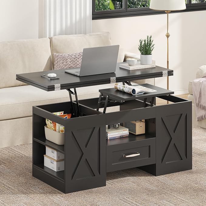 kepptory 39.4'' Lift Top Coffee Table with Storage, 4 in 1 Multi-Function Convertible Coffee Tables for Living Room, Farmhouse Coffee Table with Open Storage Compartment & Drawers (Black)