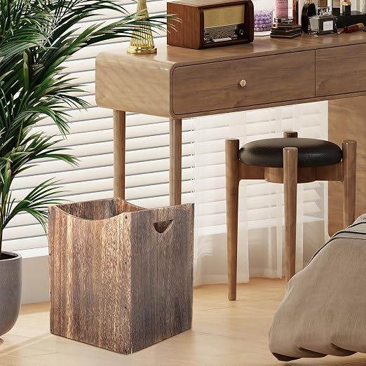 Large Wooden Trash Can 9 Gal Curved Design Office Waste Basket, Square Farmhouse Garbage Can, Brown Vintage Wood Trash Can Storage Basket With Handles for Bedroom Office Living Room Decorative