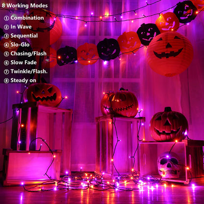 Joomer Orange Purple Halloween Lights, 66ft 200 LED Battery Operated String Lights Waterproof with 8 Modes & Timer Function for Halloween Outdoor Indoor Decorations