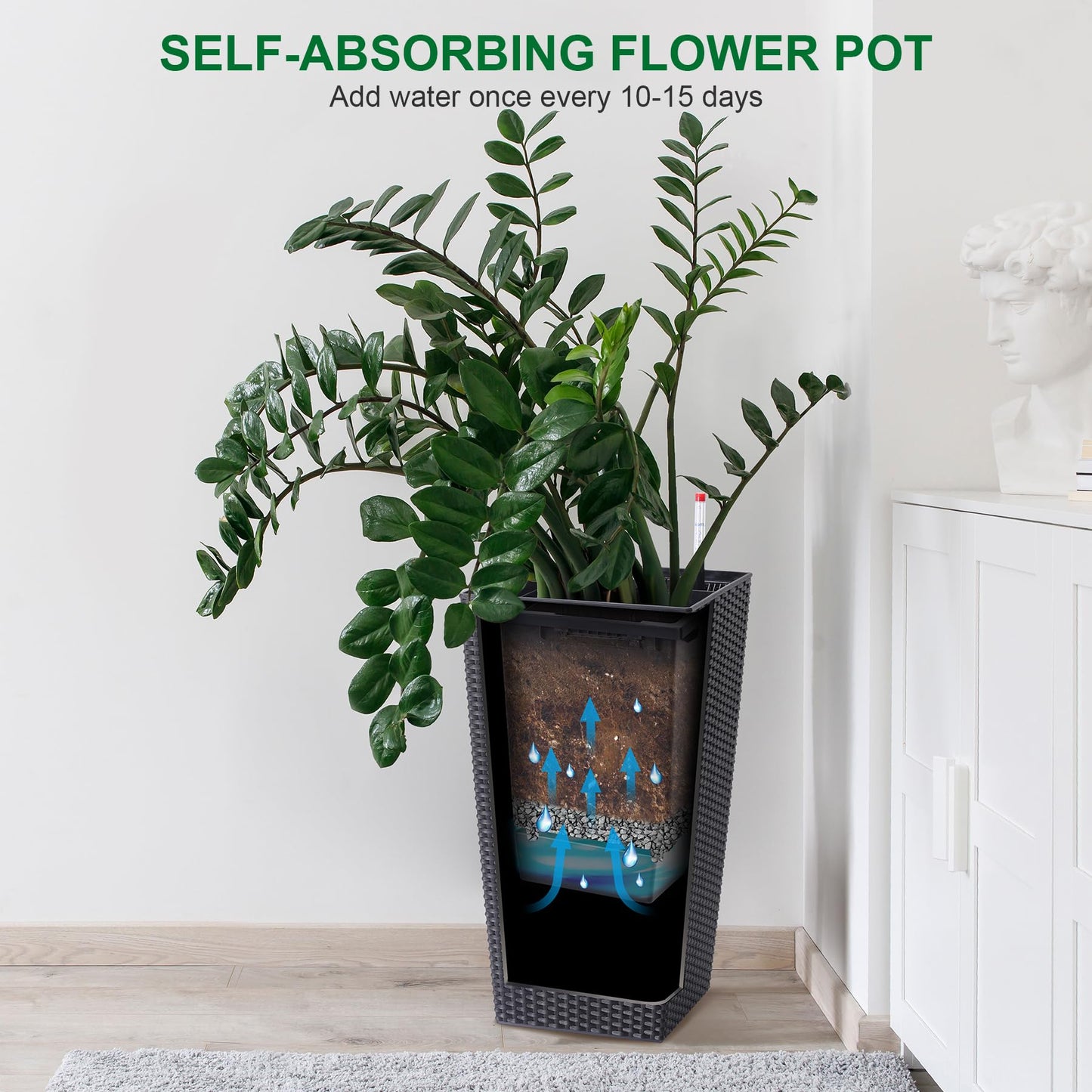 GarveeLife 22.5 in Tall Planter Set of 2 Large Rattan Flower Pot with 2 Trays & a Water Level Monitor & Wheels Outdoor and Indoor for Patio, Porch, Living Room, or Home Office, Black