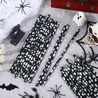 Whaline 200Pcs Halloween Paper Straws Iridescent Ghost Disposable Straws Black Silver Laser Ghost Drinking Straw for Halloween Spooky Party Supplies