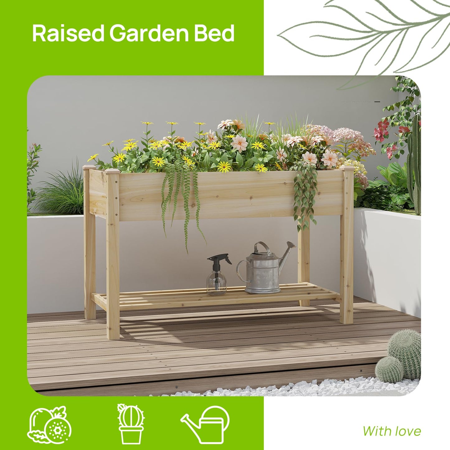 48x24x30.7 Wood Raised Garden Bed with Legs Wooden Planter Box with Storage Shelf Elevated Wood Planter Box for Vegetables Flowers Herbs Garden Planter for Backyard Patio Balcony (Natural, Medium)