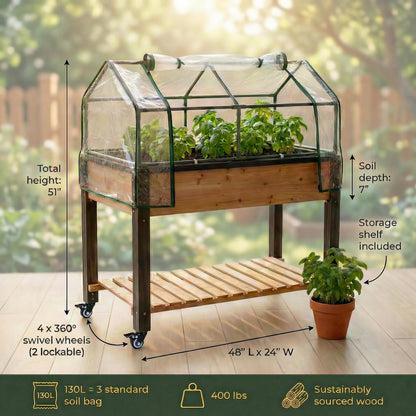 GOJ Raised Garden Bed Wood 48x24x32 inch with Greenhouse & Lockable Wheels - Elevated Wood Planter Box for Outdoors Vegetable Flower Bed Herb Planter - 400 lbs Capacity