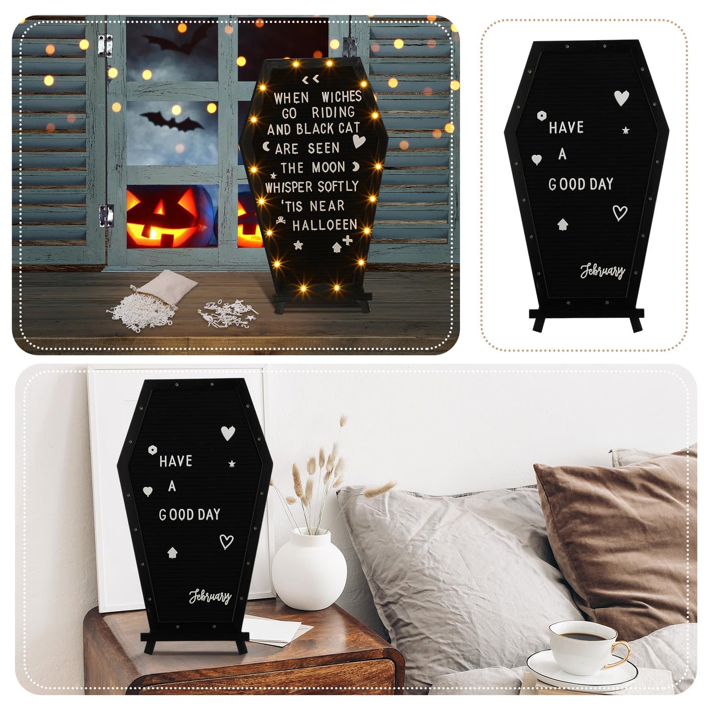 Colarr Coffin Black Felt Letter Board Built in LED Lights with Stand Halloween Decor, 500+ Characters White Precut Halloween Letter Board Home Decor with Linen Storage Bag 16.54 x 10.47 Inch