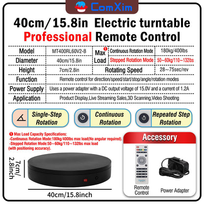 15.8In Remote Motorized Electric Turntable Rotating Display Stand Rotating Platform Photography Turntable motorized lazy susan base giratoria para for Photography,3D Scanner,(Load Range:132~400lbs)