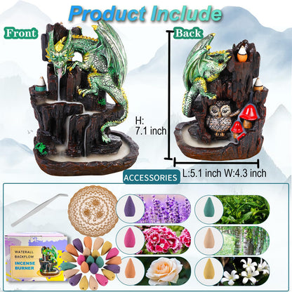 Zvaiuk Dragon Backflow 2 Sided Mountain Waterfall Incense Burner,Fountain Smoke Incense Holder with Backflow Incense Cones, Tweezers, Mat，Resin Aromatherapy Meditation (Green)