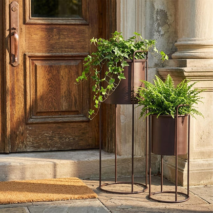 TRIROCKS Set of 2 Planters with Stand Large Metal Planter for Indoor Plants 28 &18" H Plant Pots for Living Room Corner Kitchen Office Garden Balcony Patio Decor(Brown)