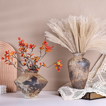 Small Stone Vase for Rustic Home Decor, Farmhouse Antique Pottery Vase Furniture&Table Flower Decorative, Round Terracotta Vases for Living Room Decor, Modern Rustic Concrete Clay Art Vases