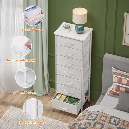 Fixwal Tall Narrow White Dresser for Bedroom, Storage Dresser Organizer in Closet with 7 Fabric Drawers, Nightstand for Dorm