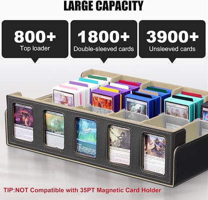 Kabinka Trading Card Storage Box with Commander Display, 5-Row 3900+ MTG Storage Box, Card Deck Box for MTG TCG Sports Card, 5 Top Loaders, 5 Stoppers, 48 Dividers,1 Dice Tray (Black Gold)