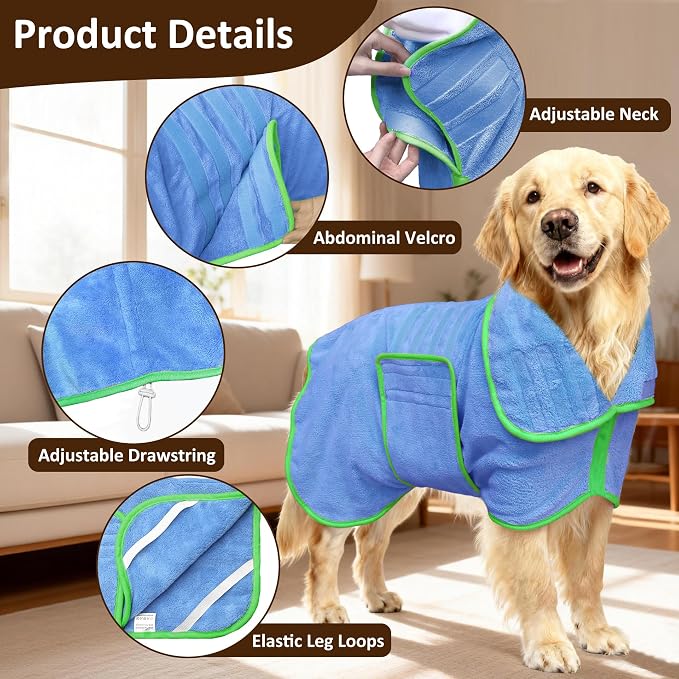 Soft Dog Bathrobe Fast Drying Dog Coat, Super Absorbent Dog Towels for After Bath, Microfiber Pet Robe Adjustable Collar & Belly Warm Keeping Dogs Coat for Pet Dogs & Cats (Blue, Medium)