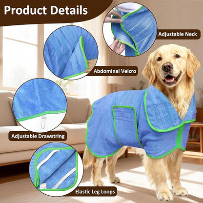 Soft Dog Bathrobe Fast Drying Dog Coat, Super Absorbent Dog Towels for After Bath, Microfiber Pet Robe Adjustable Collar & Belly Warm Keeping Dogs Coat for Pet Dogs & Cats (Blue, Small)