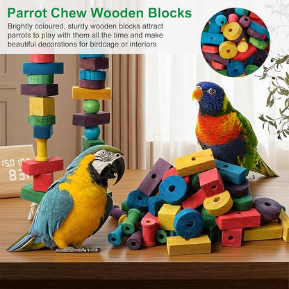165 Pcs Parrot Toys, Bird Toys Bird Chew Toy DIY Multicolored Wooden Blocks for Large Macaws, Cockatoos, African Grey, Small and Medium Parrot