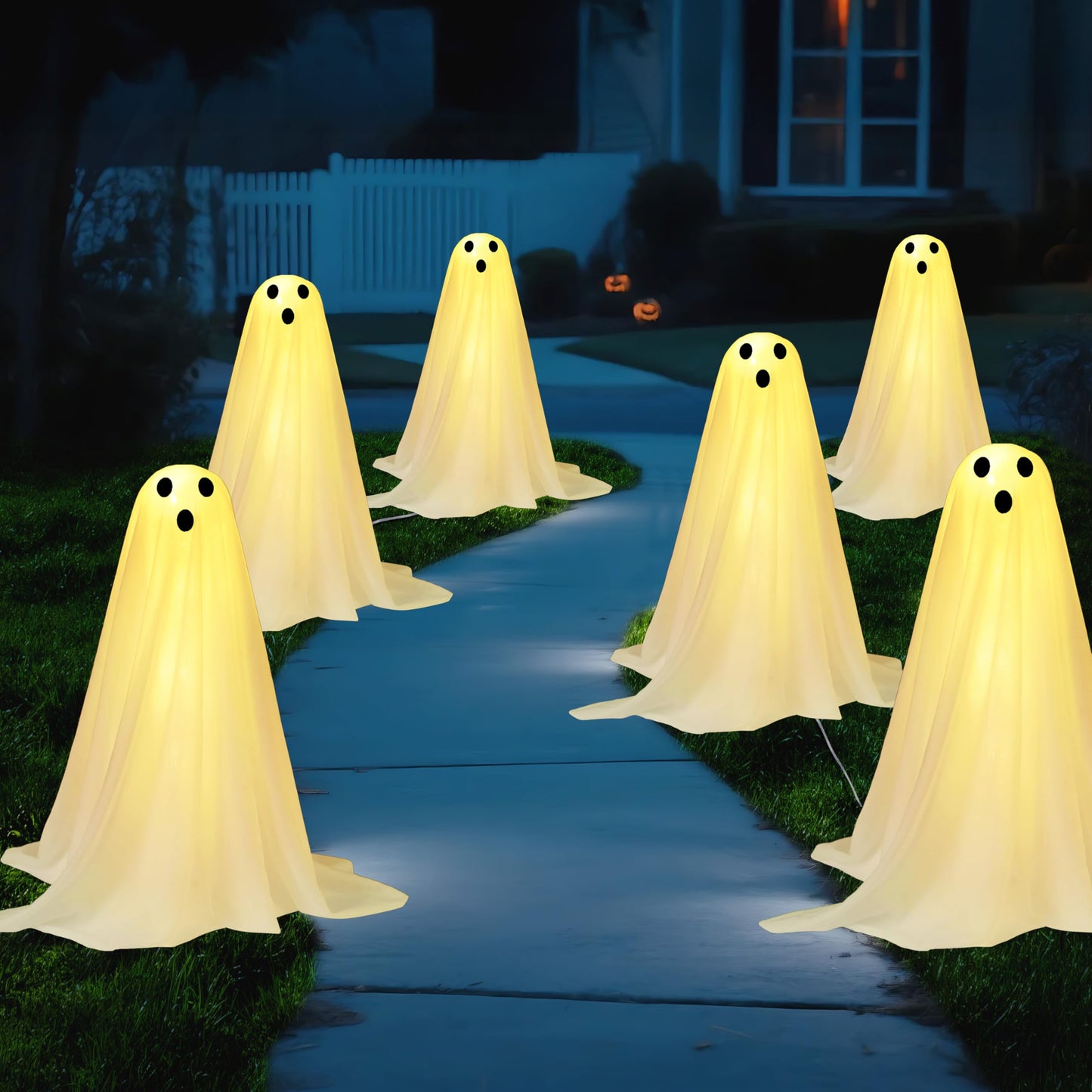 JOYIN 3 Pcs Halloween Decorations Outdoor Ghosts Pathway Lights, 18” White Cloth Ghost with White Light Up Yard Stakes for Graveyard Yard Lawn Garden Prop, Party Decor Supplies
