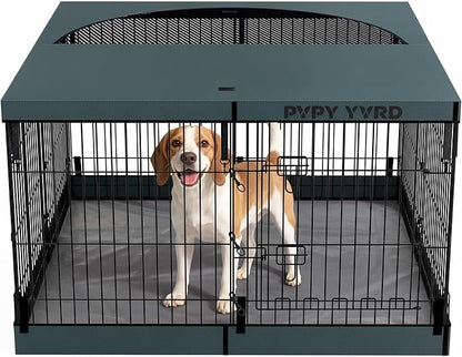 Dog Playpen with Top Cover and Bottom Pad - Foldable Metal Puppy Play Pen,24x30in 8 Panels Dog Playpen with Door for Indoor Outdoor,Heavy-Duty Pet Exercise Fence for Small Medium Animals