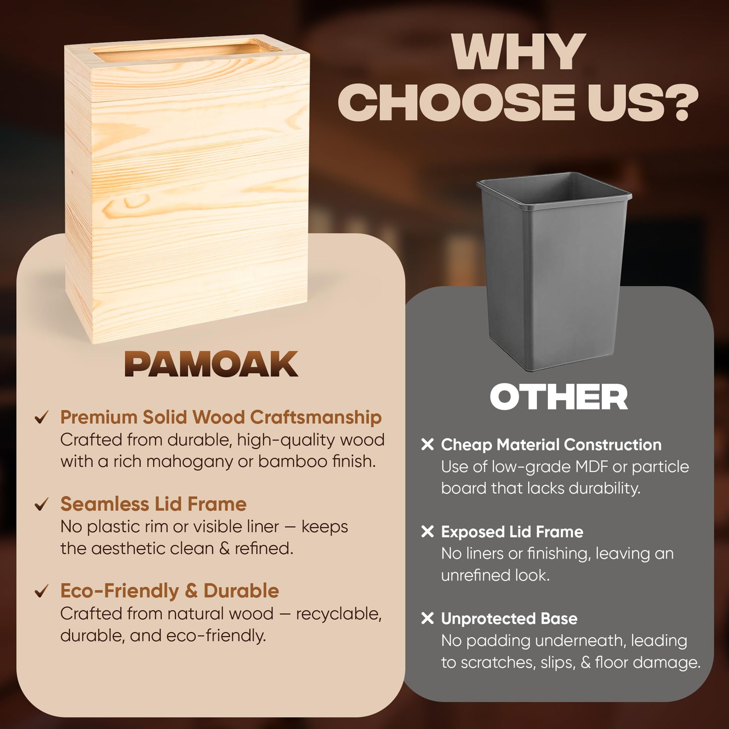 pamoak 2.3 Gallons Rectangular Wooden Trash Can | Trash Can with Bin Liners | Decorative Waste Basket | Recycling Bin for Bathroom | Natural Wood Finish Basket for Kitchen | Paper Basket for Office