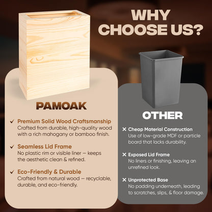 pamoak 2.3 Gallons Rectangular Wooden Trash Can | Trash Can with Bin Liners | Decorative Waste Basket | Recycling Bin for Bathroom | Natural Wood Finish Basket for Kitchen | Paper Basket for Office