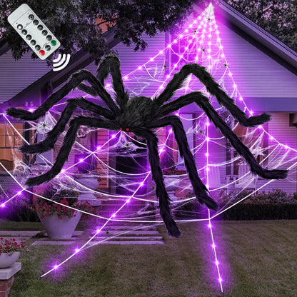 Kendane Halloween Decorations Outdoor and Indoor,250 LED Halloween Spider Web Light Decorations with 59" Giant Spider & 20g Stretch Cobweb,200" Large Light Up Spider Web for Yard(Purple)