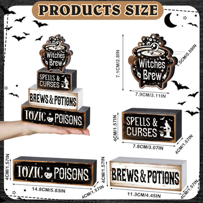 4 Pcs Halloween Table Decor Witches Brew Wooden Sign Halloween Tiered Tray Decor Farmhouse Witches Tabletop Centerpiece Spells Curses Potions Wooden Block Signs for Home Office Kitchen Shelf
