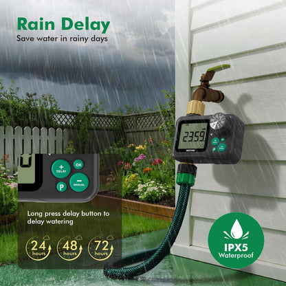 RESTMO Remote Control Brass Sprinkler Timer for Outdoor Hose Faucet, Up to 11h59m Programmable Watering Timer for Soaker Hose, Misting with Large Dial, Rain Delay/Manual/Automatic Irrigation System