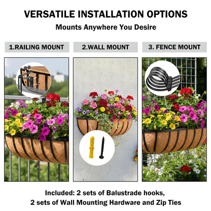 KIDYBELL 24“ Window Box Railing Planter with Coco Liner Metal Wall-Mounted Coconut Liner Planter Basket English Horse Trough Planters for Outdoor Deck Balcony Porch Fence Patio Black (2 Pack)