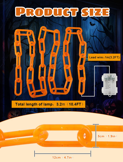 BEEWIN Halloween Decorations Chain Lights,10.4 Ft 175 LED Plastic Chain String Lights Battery Operated and USB,8 Lighting Modes Orange Light with Timer for Halloween Skeleton Dog Party Spooky Outdoor