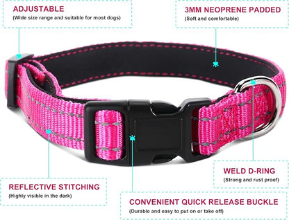 Soft Neoprene Padded Dog Collar and Leash Set for Small Medium Large Dogs, Reflective Durable Nylon Dog Collar with 5ft Leash Easy for Walking, Hot Pink,Neck fit 10.5-15.5’’