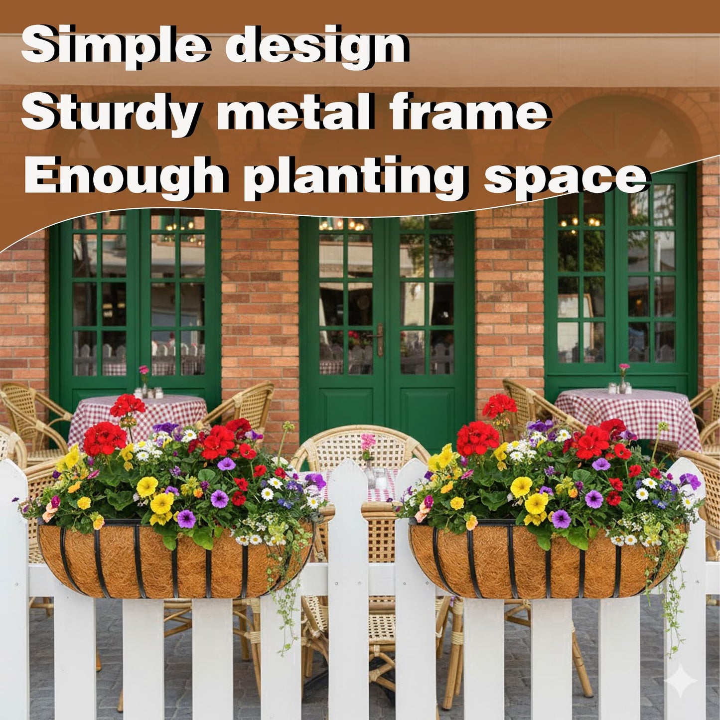 JFFLYIT 2 Pcs 24“ Railing Planter Window Box Deck Railing Planter Boxes with Coco Liner English Horse Trough Planters Metal Wall-Mounted Planters Basket for Outdoor Balcony Porch Fence Patio Rail