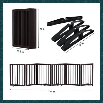Semiocthome Bamboo Dog Gates for The House Extra Wide, 6-Panel Freestanding Pet Gates with 4PCS Metal Stands for Doorways and Stairs, 24“H Foldable Dog Fences Indoor, Expands Up to 110" (W) Espresso