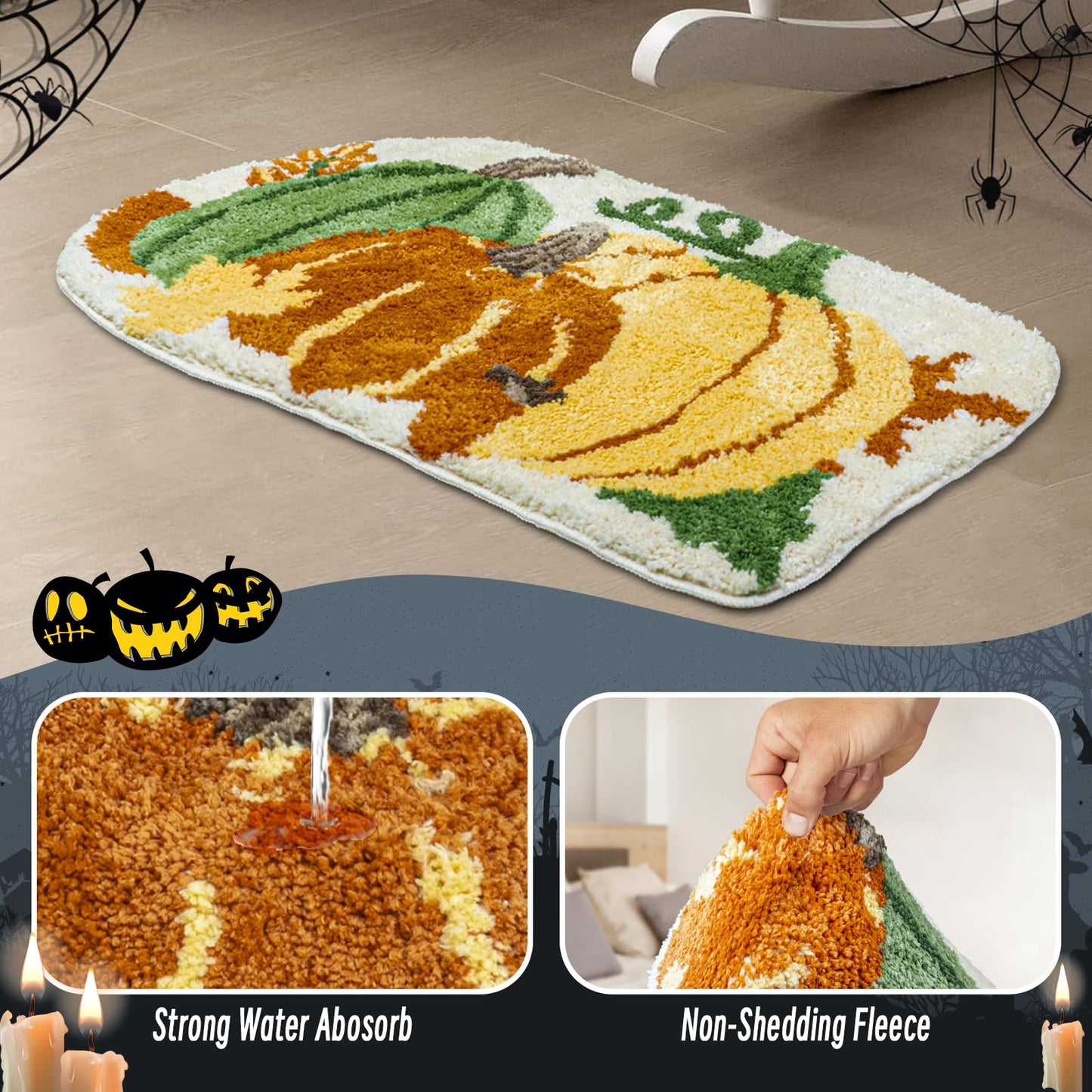 Good Haus Halloween Bath Rug for Bathroom Spooky Ghosts Bath Mat Bat Doormat Non Slip Cute Rugs for Kitchen Bedroom Holiday Outdoor Bedroom(Festival Pumpkin)