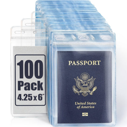 Mifflin-USA Passport & Card Holders (Clear, 4x6 Inches, 100 Pack), Extra Large ID Name Badge Holder, Zipperless Vertical Plastic Card Holders