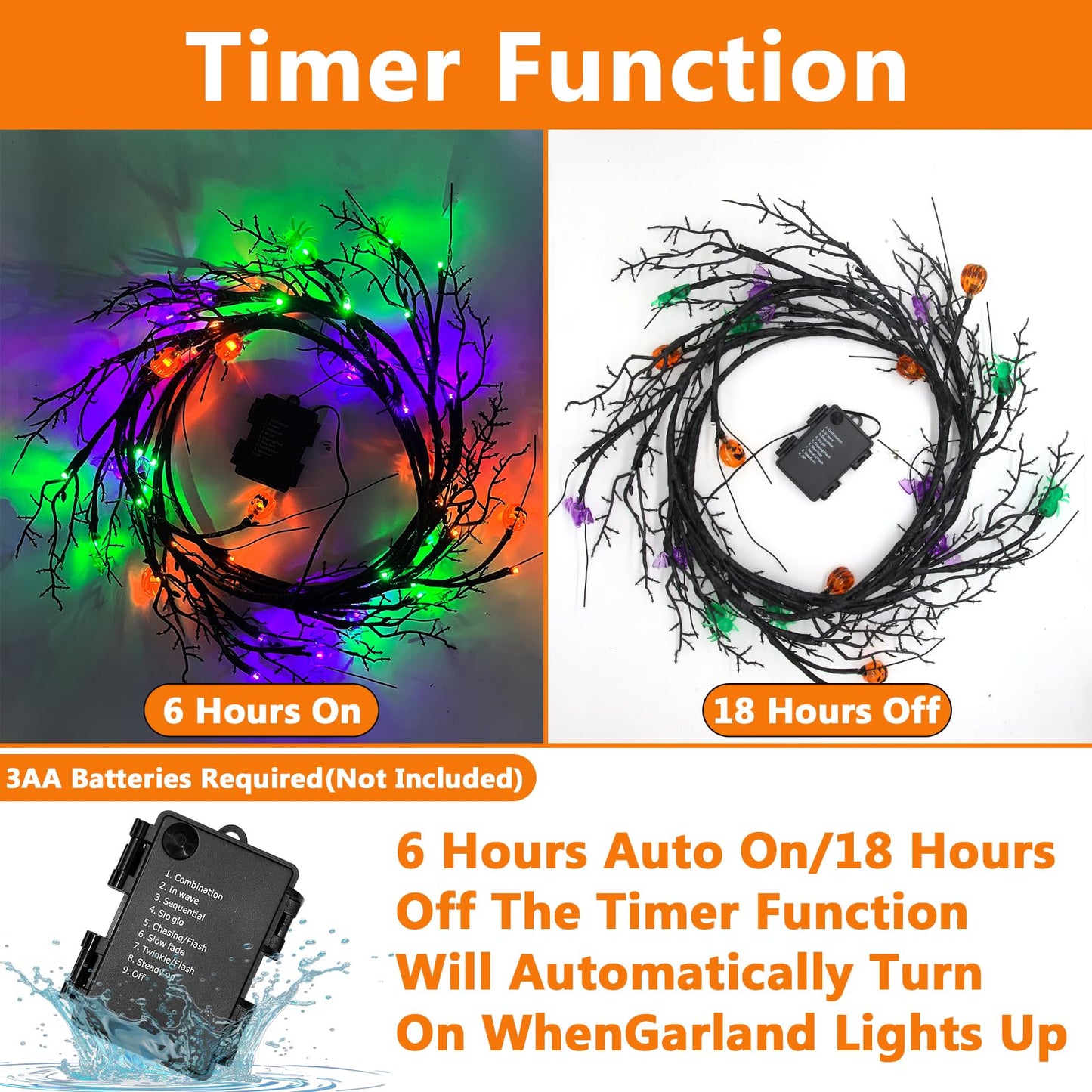 SURCVIO [ 8 Modes & Timer ] 6 Ft 54 LED Halloween Willow Vine Twig Decor Garland with 6 Bats & Pumpkins & Spiders Lights Waterproof Battery Operated Halloween Decorations Home Wall Fireplace Decor