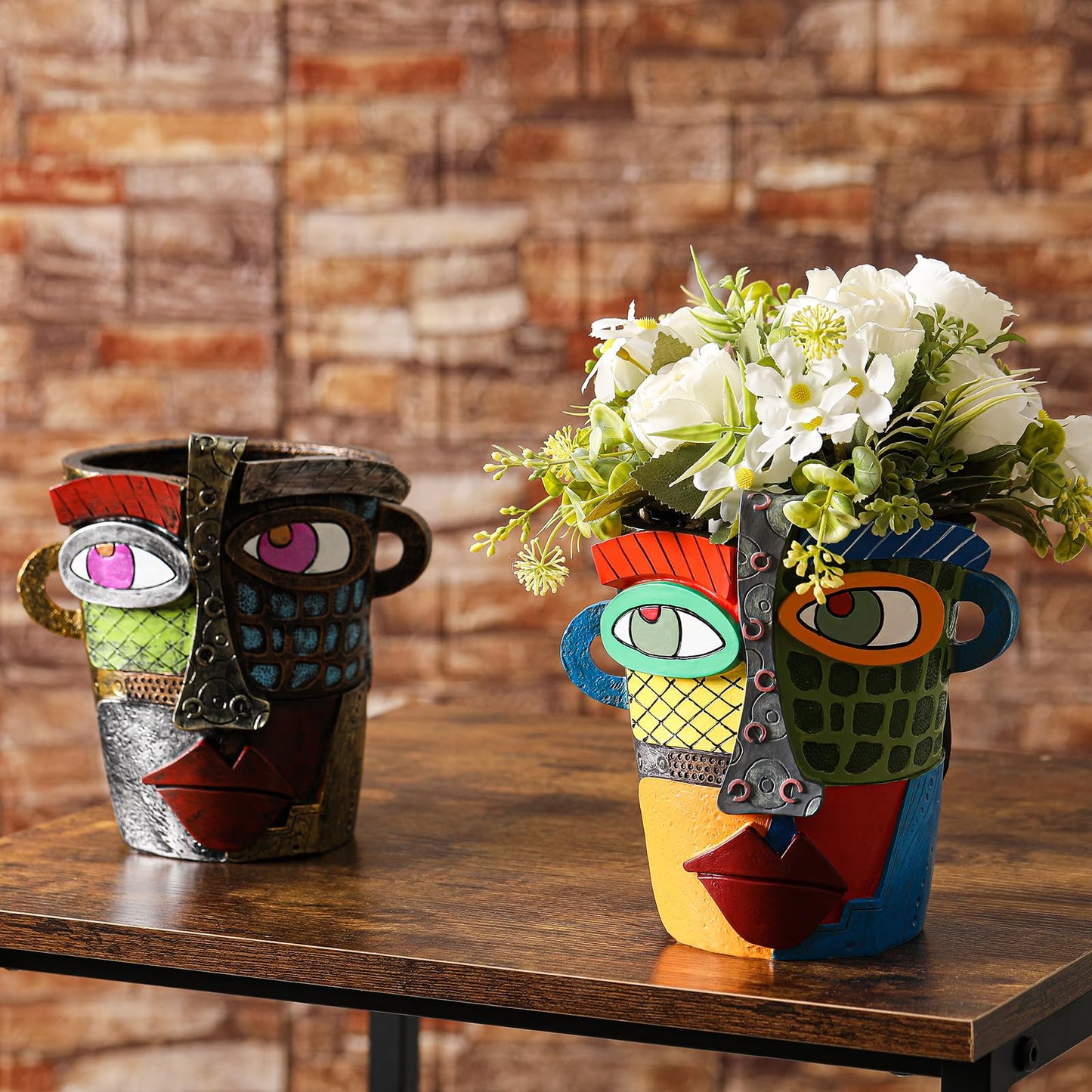 LemonRoad 2 Pcs Abstract Picasso Face Pots Head, Mexican Flower Pots with Drainage, Unique Decorative Head Plant for Indoor Outdoor, Funky Gift