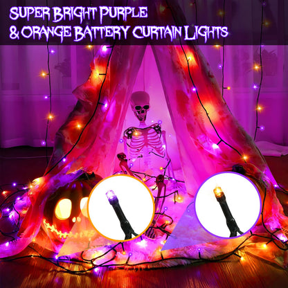 DealBeta Battery Curtain Lights Halloween Purple Orange with Remote 9.8×9.8ft