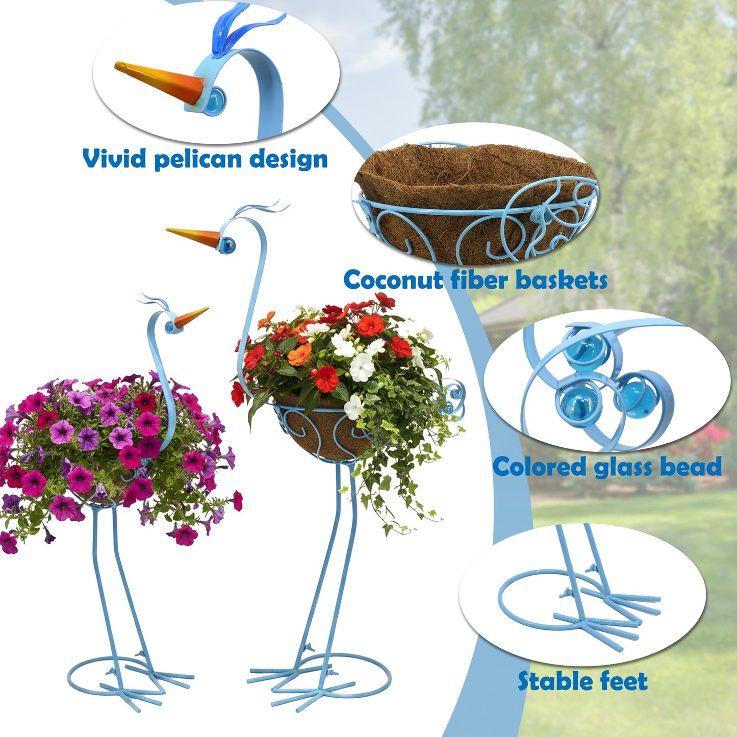 J-Fly 2 Sets Pelican Metal Flowers Plant Holders Stand with Coconut Pots, Plants Stand Indoor Flower Pots Outdoor, Room Home Living Room Front Outdoor Patio Decor, Gardening Valentine Decoration Gifts