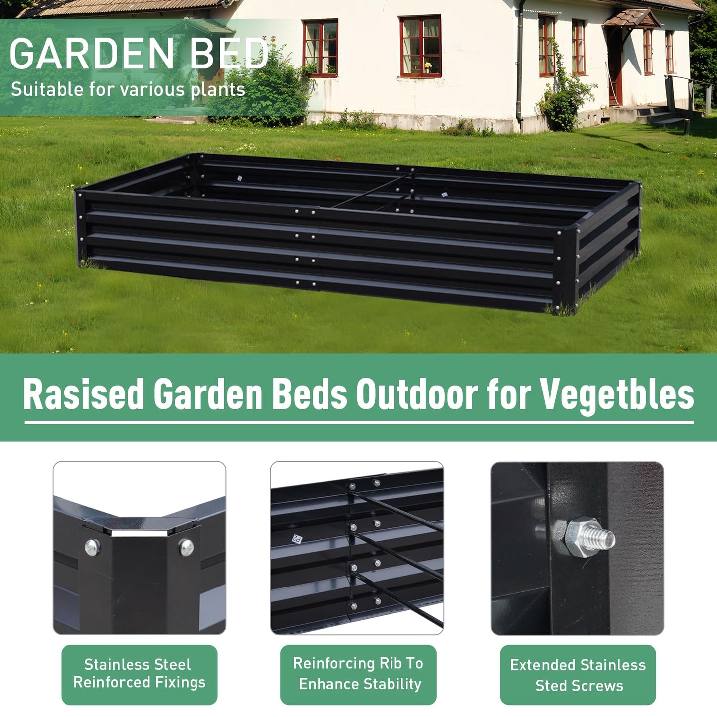 PICNICNI Metal Raised Garden Bed 8x4x1Ft Outdoor Large Metal Galvanized Planter Boxes Kit for Vegetables, Flowers, and Herbs,Garden Beds with 2Pcs Tomato Cage 1Pc Gloves,Black