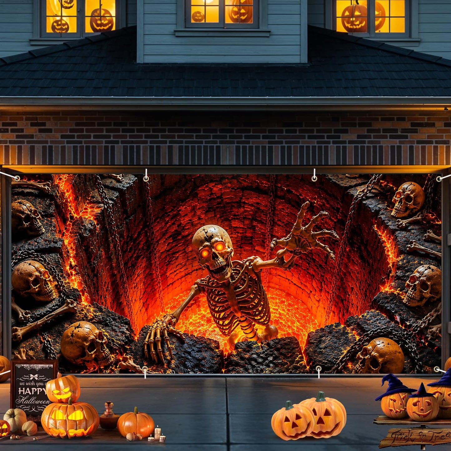 16x7 Ft Halloween Garage Door Banner Cover Decorations, Scary Skeleton Floating in Hell Fire Lava Backdrop, Large Creepy Skulls Outdoor Wall Mural Decor for Double Car Garage Door Holiday Party