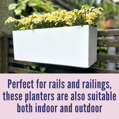 LaLaGreen Rail Planter for Balcony Outdoor (20 Inch, 2 Pack) Large White Self Watering Deck Railing Planters with Brackets, Rectangular Plastic Fence Flower Box Designer Choice