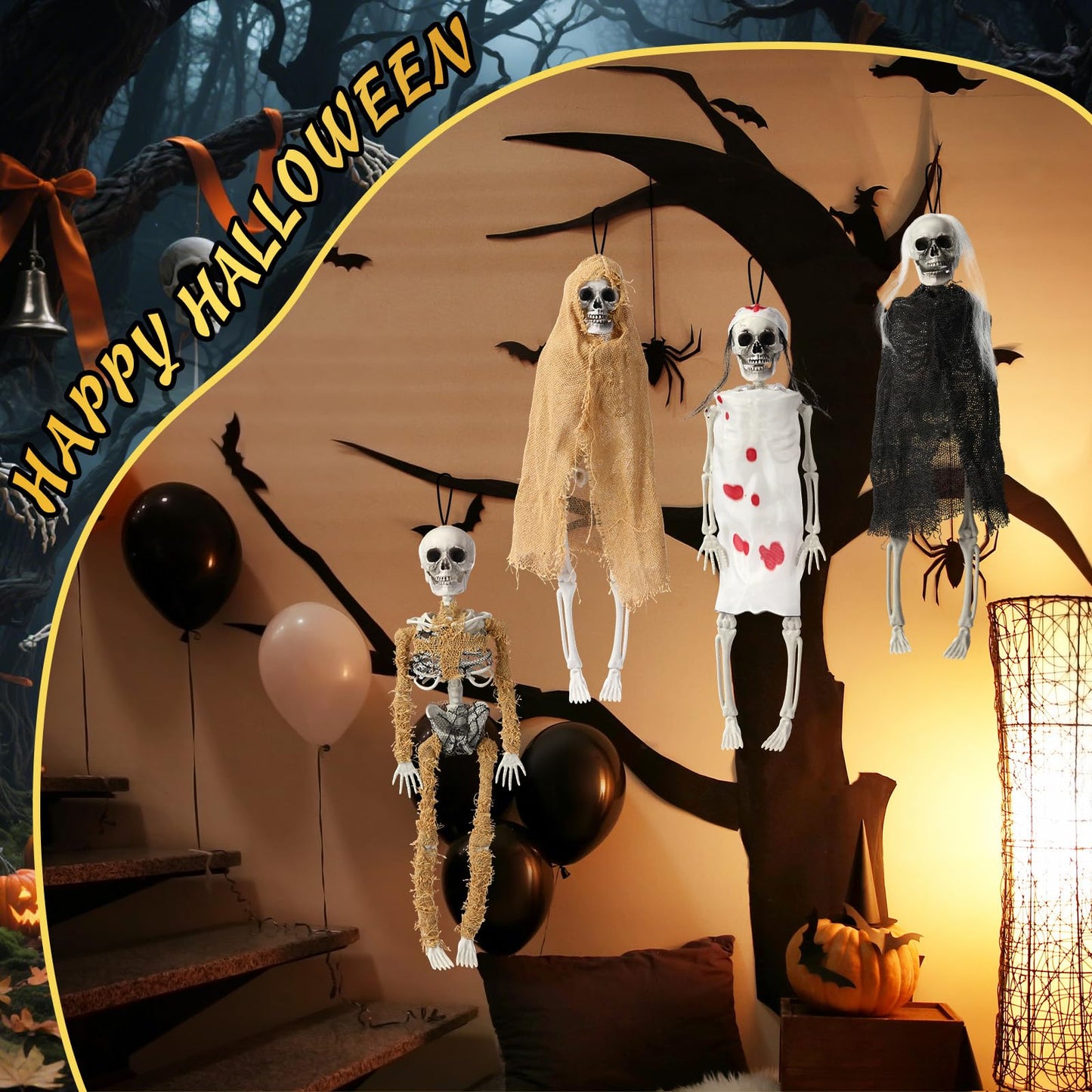 Poen 4 Pack 16" Halloween Hanging Skeleton Decorations Small Full Body Posable Skeletons with Movable Joints Plastic Mini Spooky Decor for Halloween Party Haunted House Lawn Graveyard Props(Zombie)