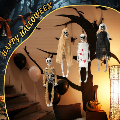 Poen 4 Pack 16" Halloween Hanging Skeleton Decorations Small Full Body Posable Skeletons with Movable Joints Plastic Mini Spooky Decor for Halloween Party Haunted House Lawn Graveyard Props(Zombie)