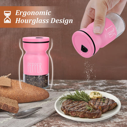 Pink Salt and Pepper Shakers Set, Cute Farmhouse Kitchen Decor for Home Restaurants Wedding, 4.5 oz Glass Salt Shaker with Adjustable Pour Holes