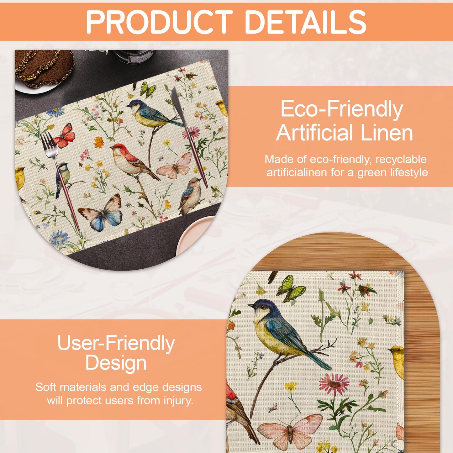 Vintage Bird Placemats Set of 6,Butterfly Flower Waterproof Heat Resistant Dining Table Plate Mat for Home Kitchen Dining Table 12x18Inch