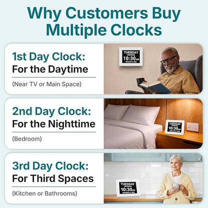 American Lifetime Dementia Clock - Large Digital Clock for Seniors, Custom Alarms, Day & Date Display, White, 15 Inches