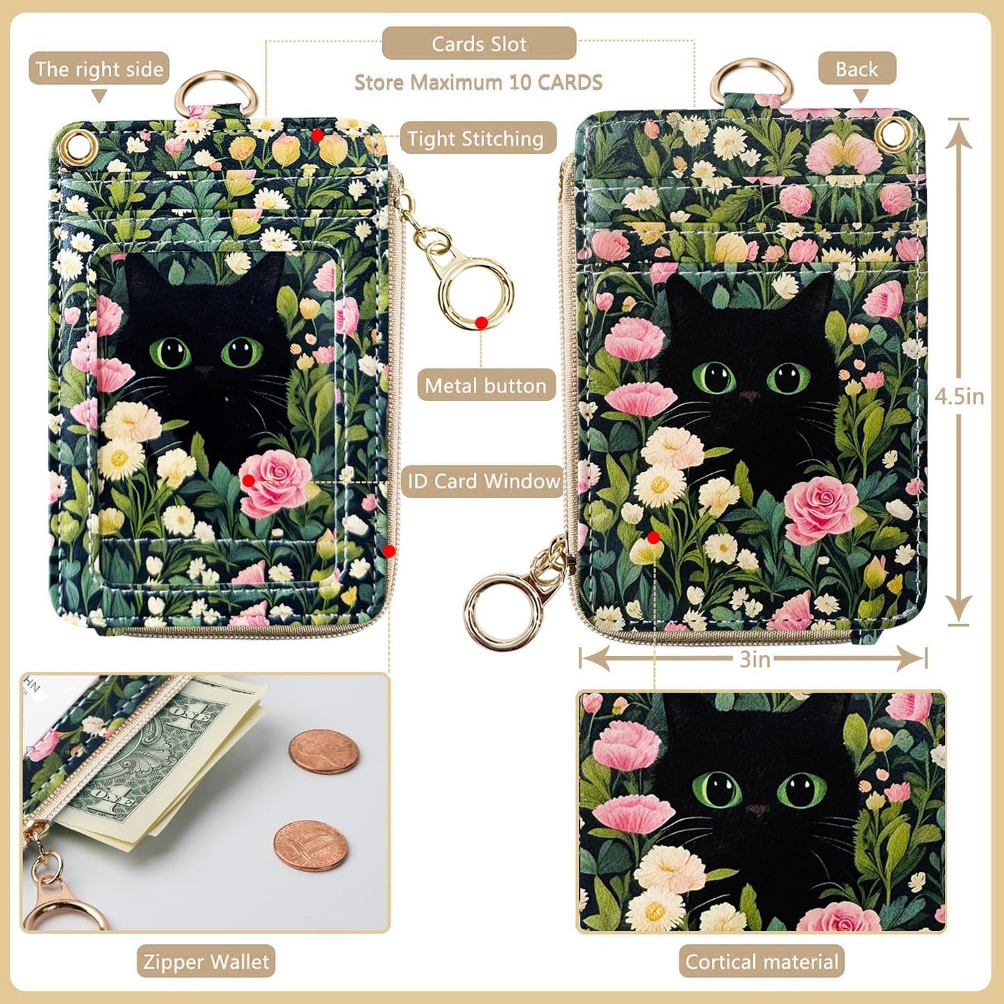 2-in-1 ID Badge Holder & Lanyard Wallet Cute Women Leather Zip ID Case Wallet with Breakaway Wrist Neck Lanyard, Clear Window, 5 Card Slots, Ring Keychain for Worker Teacher Floral Halloween Black Cat