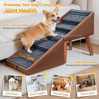 22.8” H Dog Stairs for High Bed, 6-Step Non-Slip Dog Ramp, Foldable 2-in-1 Pet Stairs & Ottoman, Upgraded Pet Steps for Puppies, Senior Dogs & Injured Pets, Solid Wood Frame (Brown)
