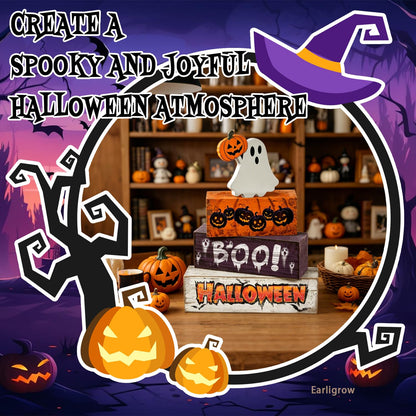 4 Pcs Halloween Decor Wooden Ghost Pumpkin Tiered Tray Decorations Rustic Farmhouse Tabletop Centerpiece Boo Wood Block Sign for Home Kitchen Shelf Mantel Office Desk